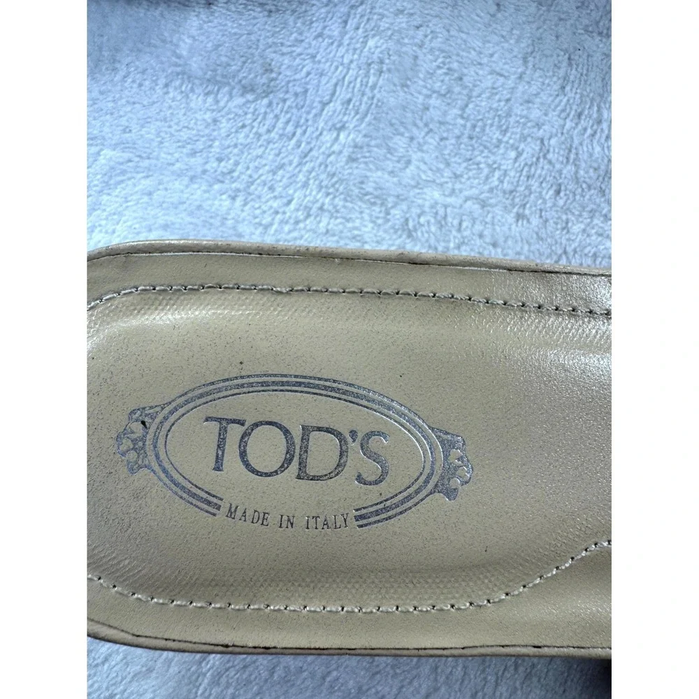 Tod's Heel Sandals Women 38 Silver Metallic Pewter Leather Bow Slip-On Comfort‎